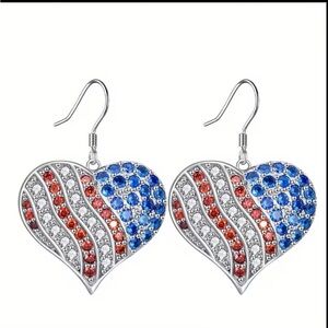 Patriotic Heart Rhinestone Dangle Earrings - Red, White & Blue